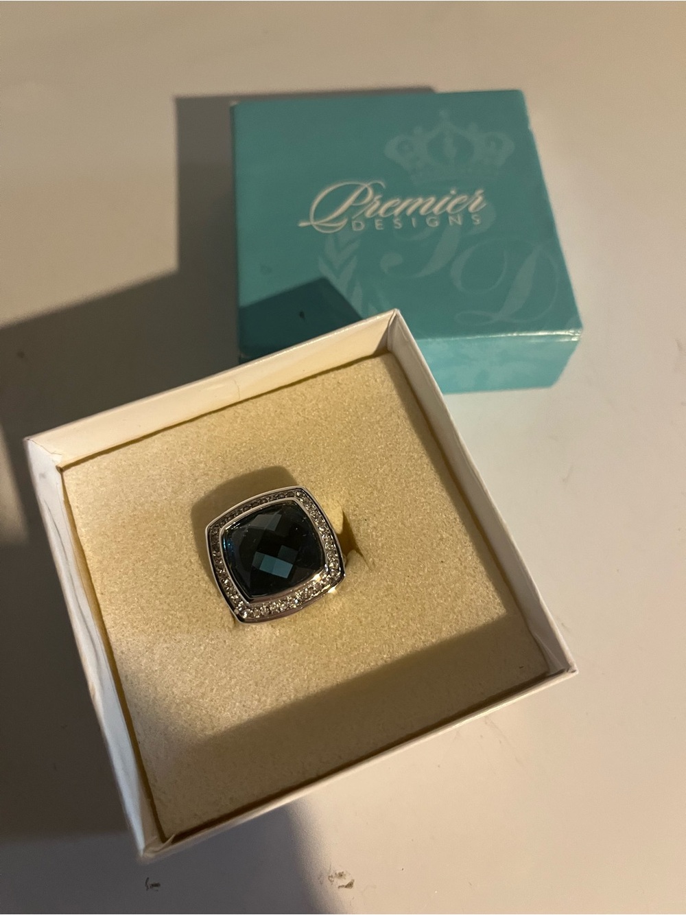 Premier Designs Silver-Tone Ring with Dark Teal Cushion Stone and Crystal Halo